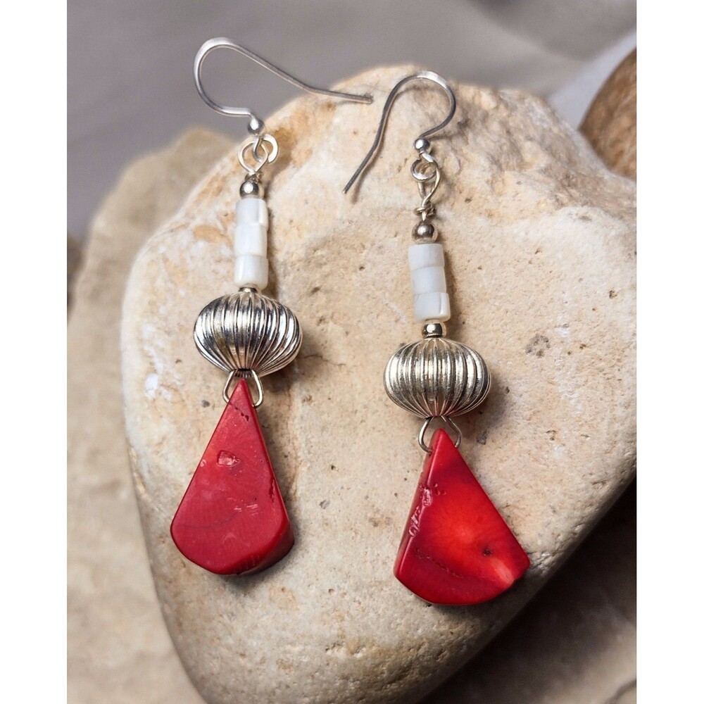Coral Mother of Pearl Beaded Dangle Earrings